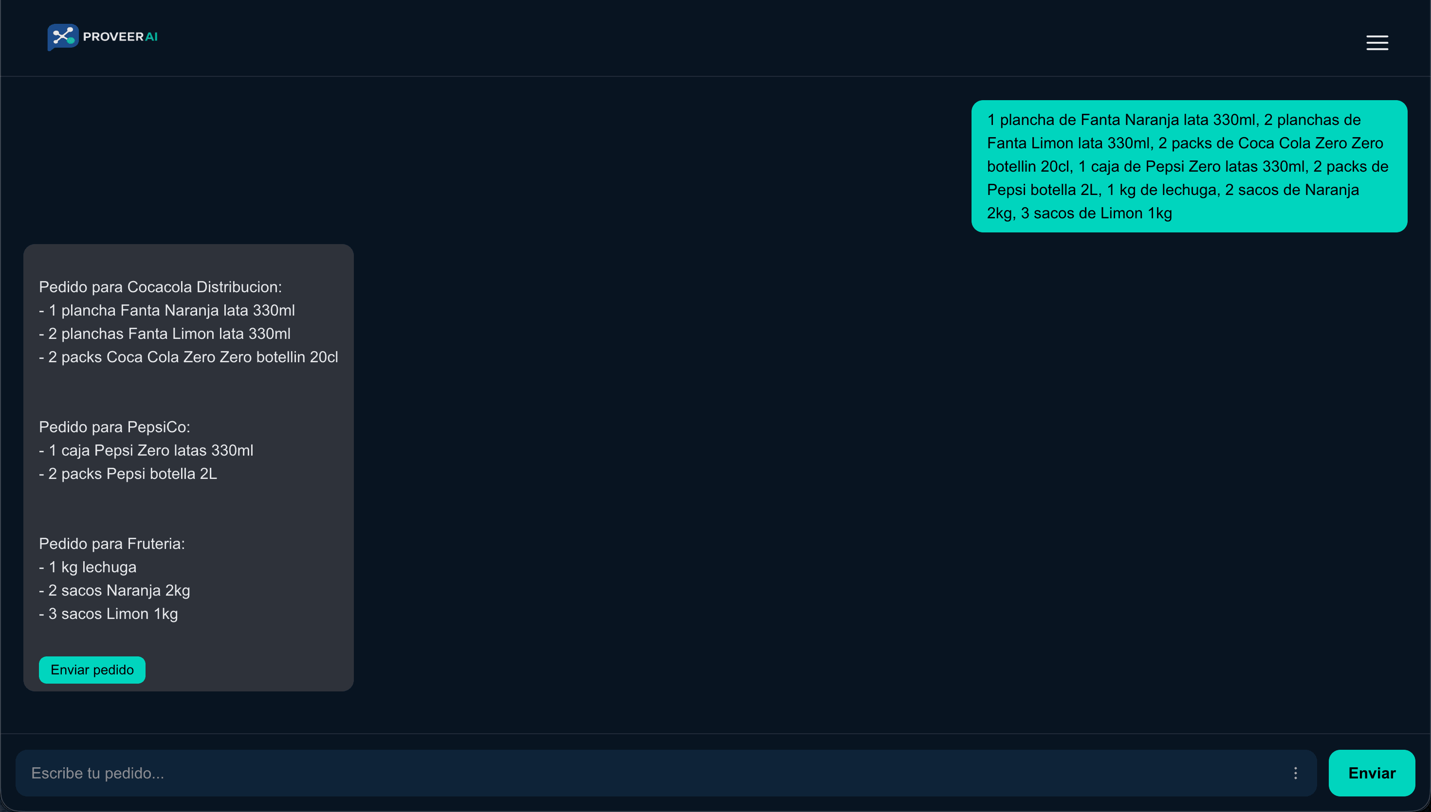 Chat de ProveerAI con un pedido preparado